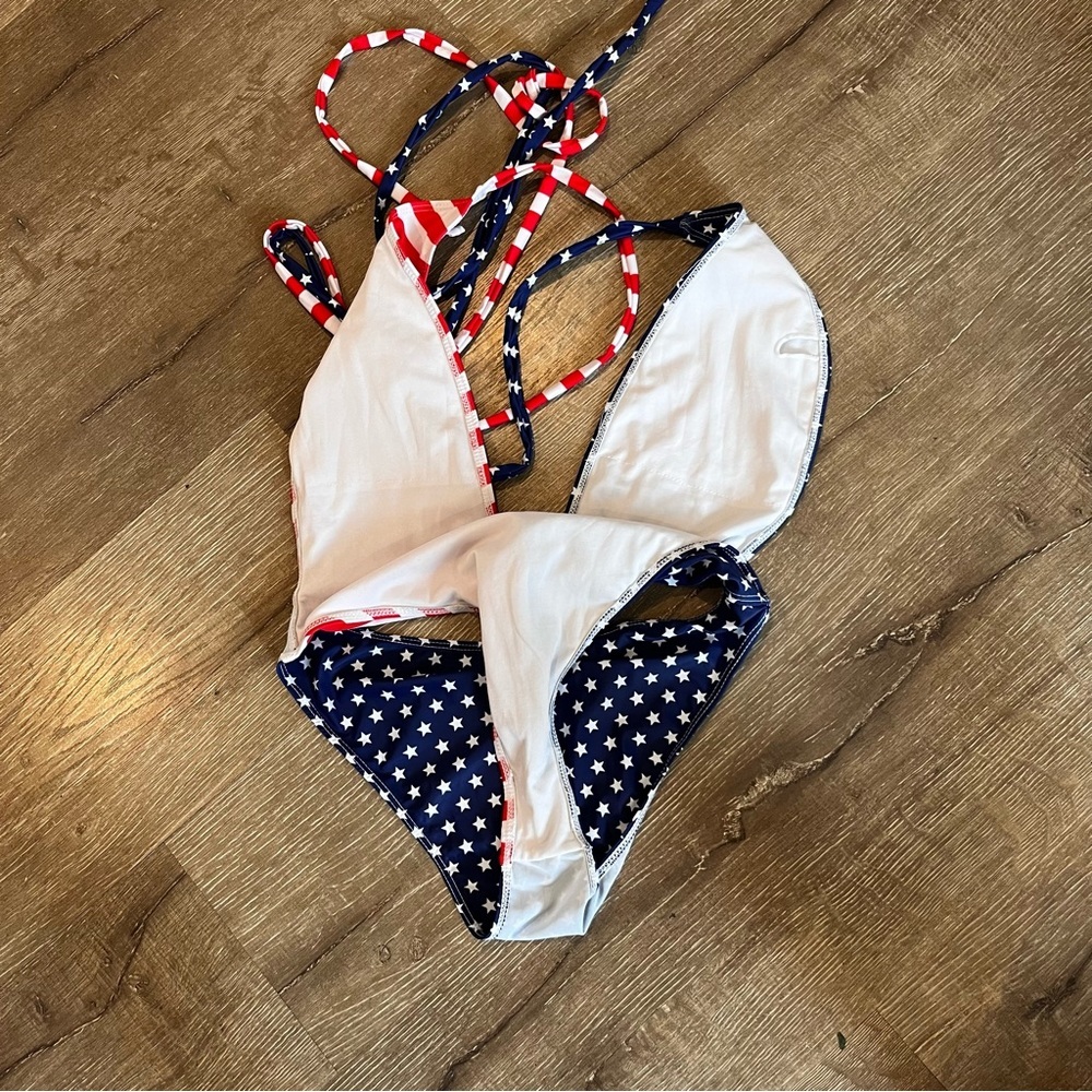 Womens American Flag One Piece Beach Swimwear Mono Thigh High Deep Vneck… - Picture 8 of 8